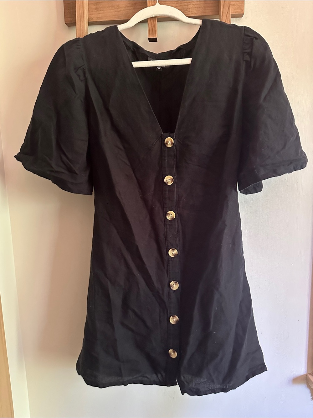 Topshop Black Button-Front Linen Blend Mini Dress
